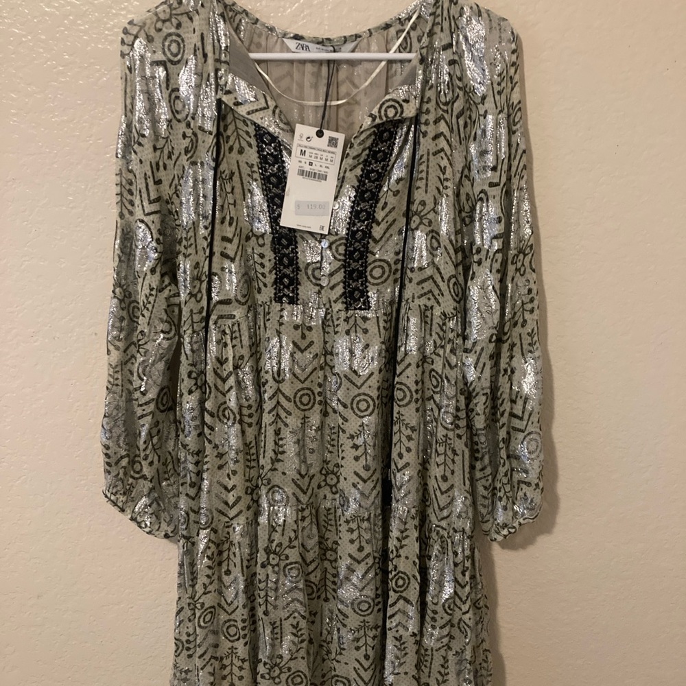 Zara Gray and White Midi Sundress with Bishop Sleeves